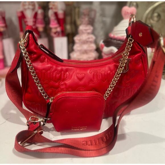 Juicy Couture Red Puff Quilted Half Moon Gold Chain Link Purse Coin Purse Set - Picture 5 of 11